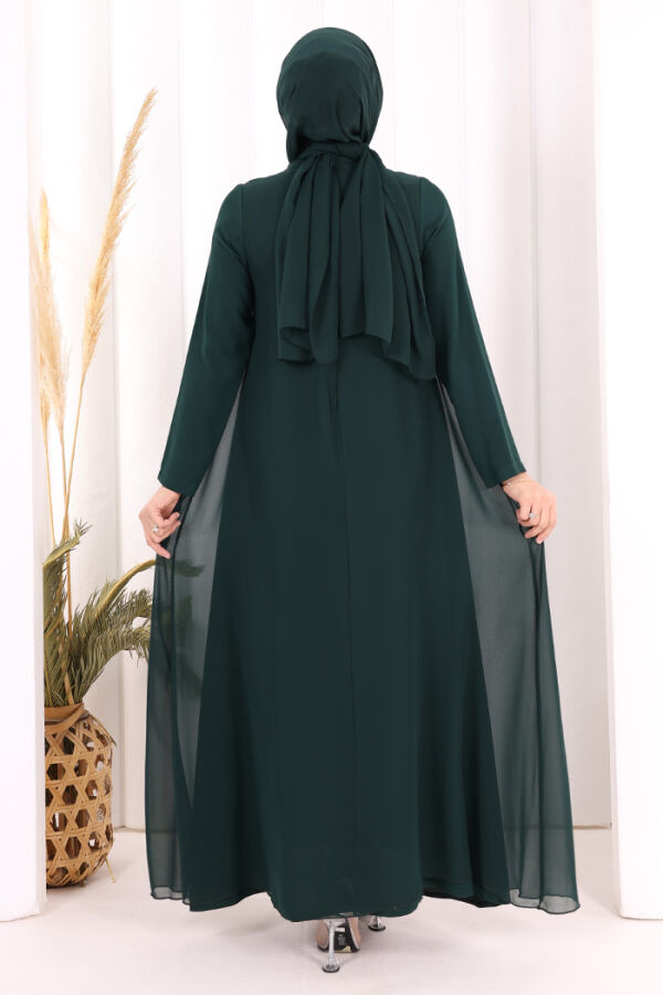 Pelerinli Ön Kısım İşleme Detay  Elbise ŞAL HEDİYE  3868 Zümrüt - 5