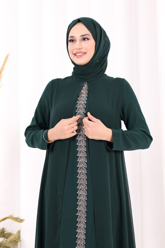 Pelerinli Ön Kısım İşleme Detay  Elbise ŞAL HEDİYE  3868 Zümrüt - 6