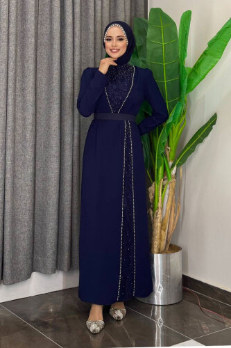 Taşlı Krep Dantel Elbise 3870 Lacivert - Bym Fashion