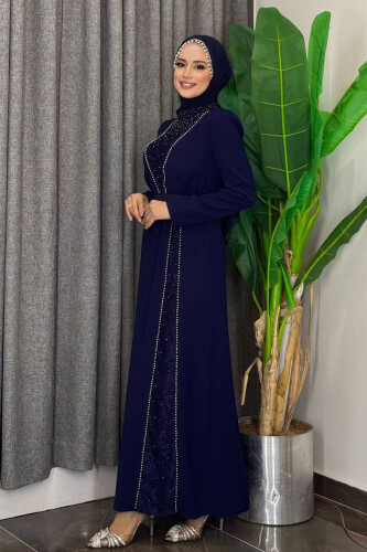 Taşlı Krep Dantel Elbise 3870 Lacivert - 2