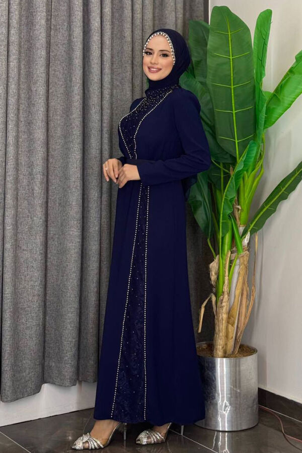 Taşlı Krep Dantel Elbise 3870 Lacivert - 2