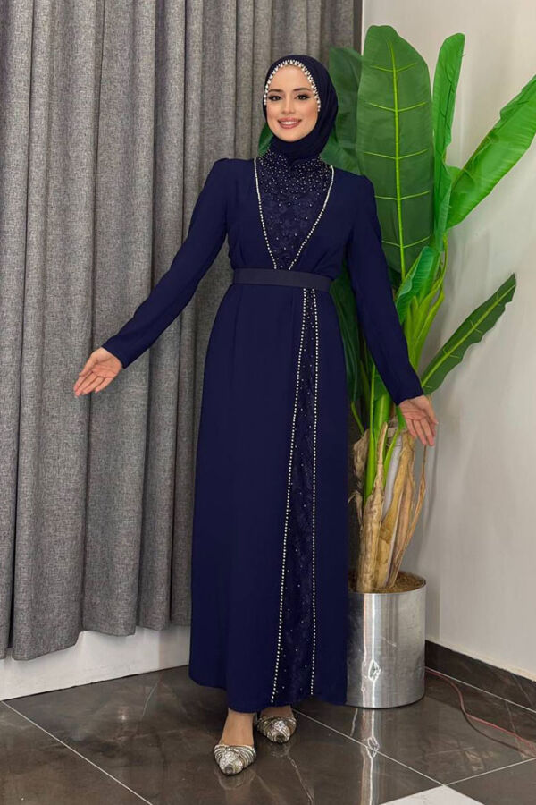 Taşlı Krep Dantel Elbise 3870 Lacivert - 3