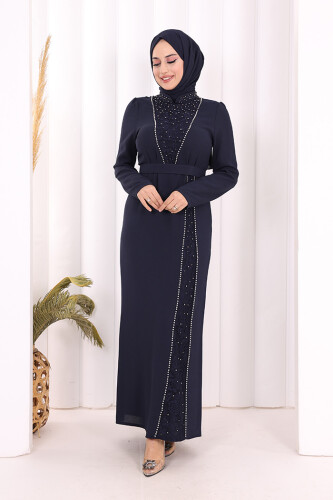 Taşlı Krep Dantel Elbise 3870 Lacivert 