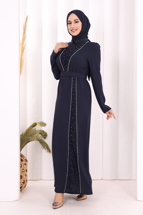 Taşlı Krep Dantel Elbise 3870 Lacivert - 2