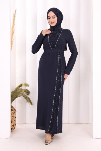 Taşlı Krep Dantel Elbise 3870 Lacivert - 3