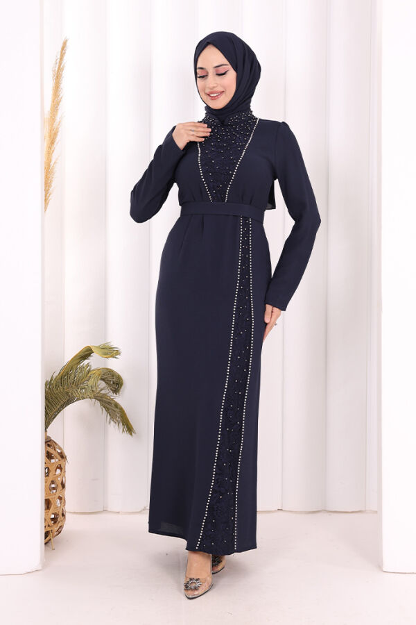 Taşlı Krep Dantel Elbise 3870 Lacivert - 3