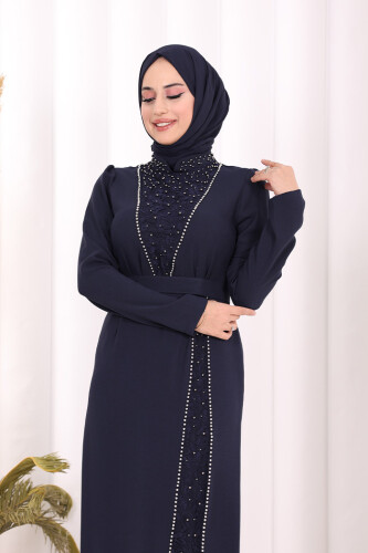 Taşlı Krep Dantel Elbise 3870 Lacivert - 5