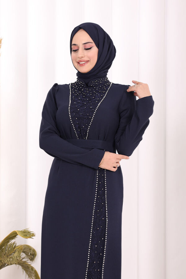 Taşlı Krep Dantel Elbise 3870 Lacivert - 5