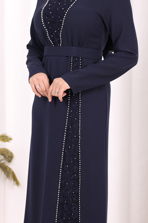 Taşlı Krep Dantel Elbise 3870 Lacivert - 6