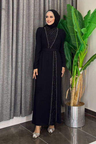 Taşlı Krep Dantel Elbise 3870 Siyah - Bym Fashion