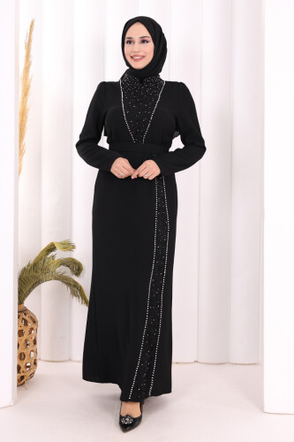 Taşlı Krep Dantel Elbise 3870 Siyah 