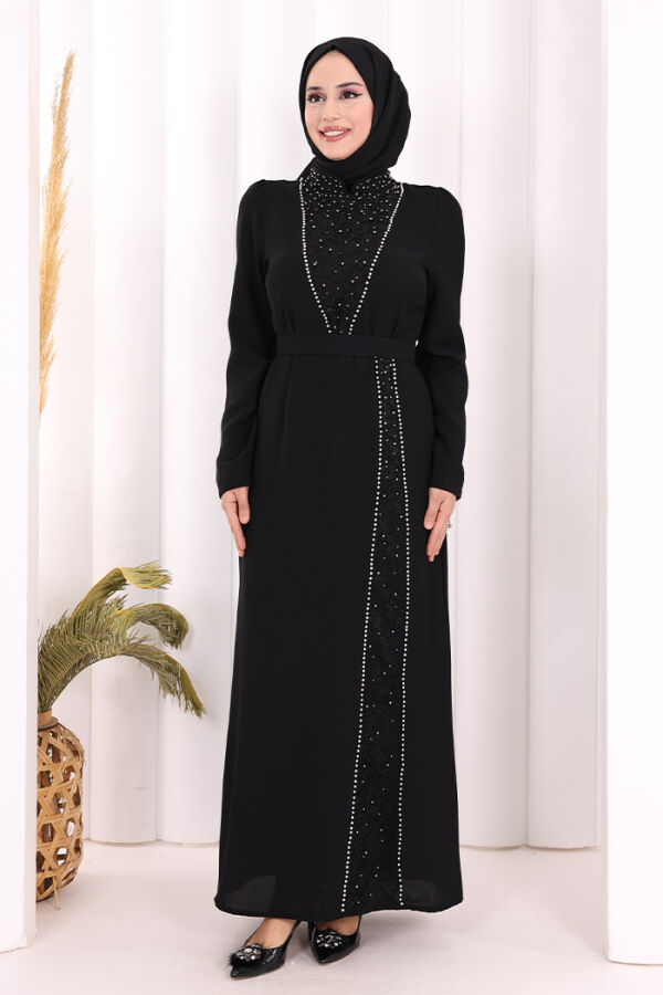 Taşlı Krep Dantel Elbise 3870 Siyah - 2