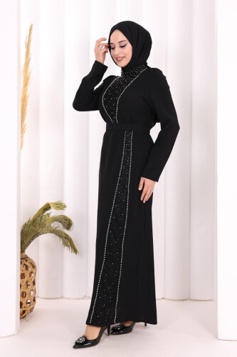 Taşlı Krep Dantel Elbise 3870 Siyah - 3