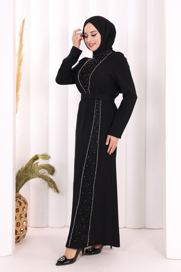 Taşlı Krep Dantel Elbise 3870 Siyah - 3