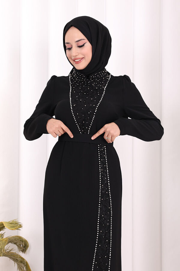 Taşlı Krep Dantel Elbise 3870 Siyah - 5