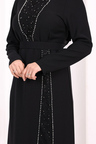 Taşlı Krep Dantel Elbise 3870 Siyah - 6