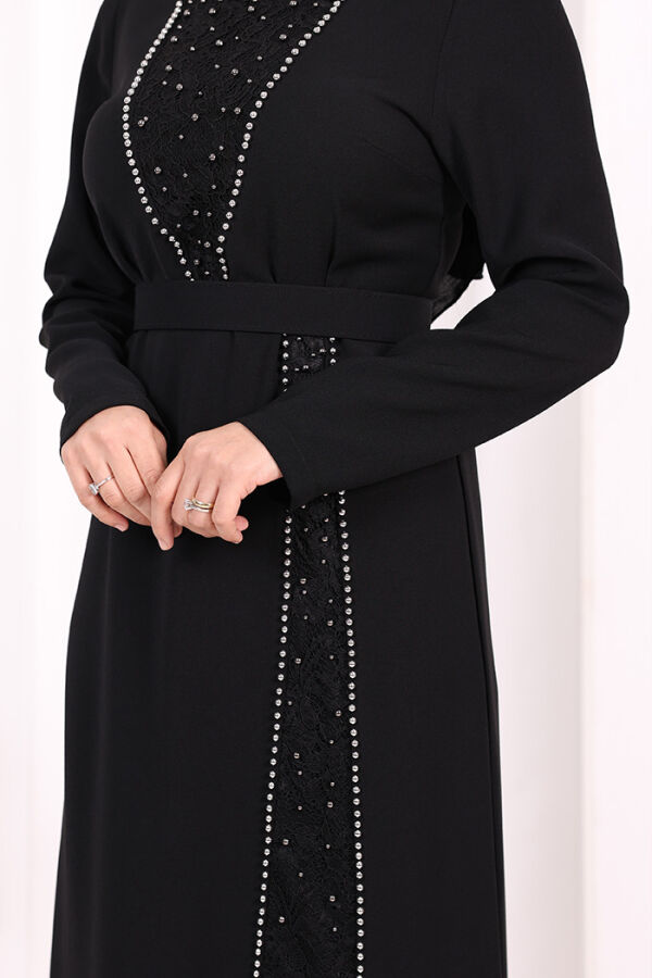 Taşlı Krep Dantel Elbise 3870 Siyah - 6