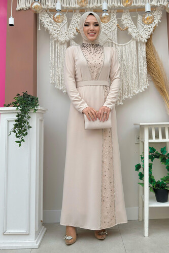 Taşlı Krep Dantel Elbise 3870 Taş - Bym Fashion