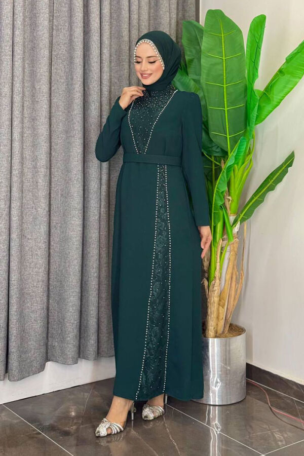 Taşlı Krep Dantel Elbise 3870 Zümrüt - 2