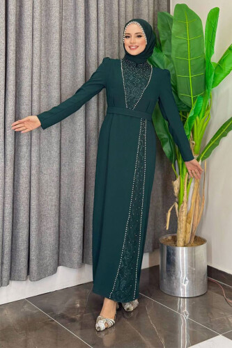 Taşlı Krep Dantel Elbise 3870 Zümrüt - 3