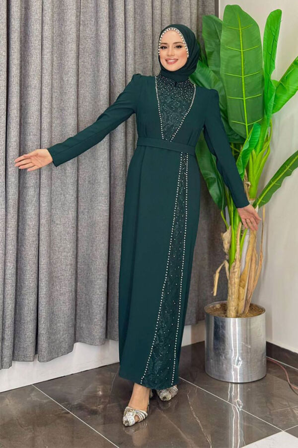 Taşlı Krep Dantel Elbise 3870 Zümrüt - 3
