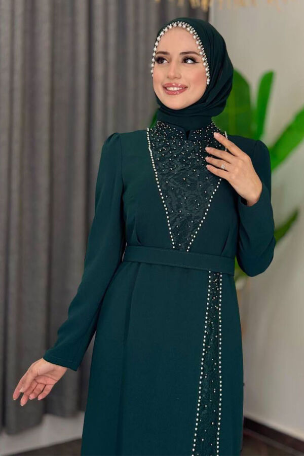 Taşlı Krep Dantel Elbise 3870 Zümrüt - 4