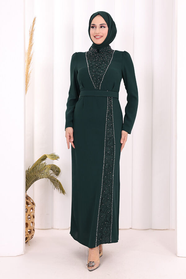 Taşlı Krep Dantel Elbise 3870 Zümrüt - 1