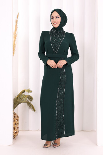 Taşlı Krep Dantel Elbise 3870 Zümrüt - 2