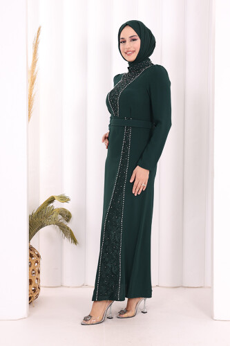 Taşlı Krep Dantel Elbise 3870 Zümrüt - 3