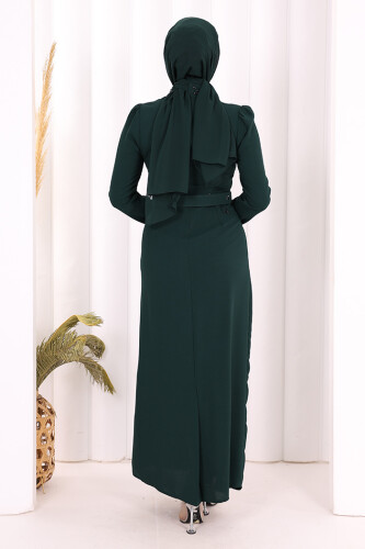 Taşlı Krep Dantel Elbise 3870 Zümrüt - 4