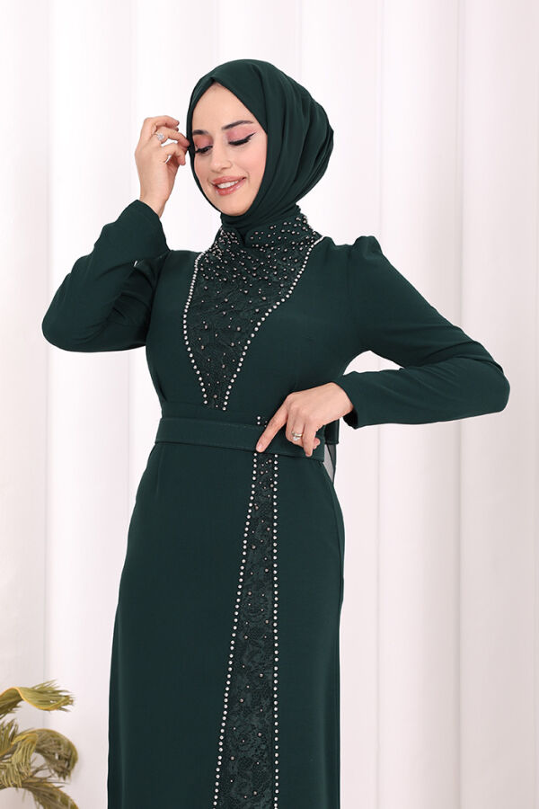 Taşlı Krep Dantel Elbise 3870 Zümrüt - 5