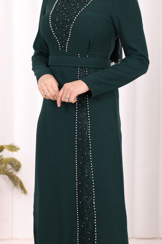 Taşlı Krep Dantel Elbise 3870 Zümrüt - 6