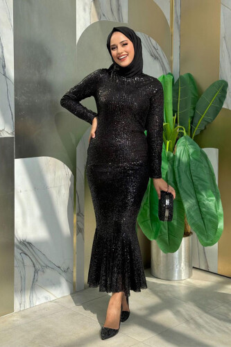 Pul Payet İşlemeli Balık Abiye Elbise 3872 Siyah - Bym Fashion