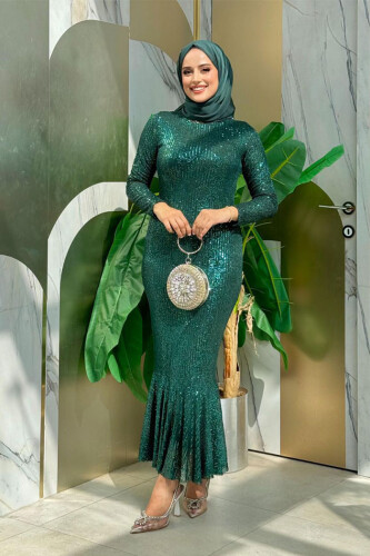 Pul Payet İşlemeli Balık Abiye Elbise 3872 Zümrüt - Bym Fashion