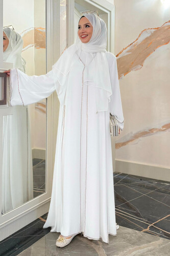 Taş İşleme Detaylı Elbise Abaya Takım 3873 Ekru - Bym Fashion