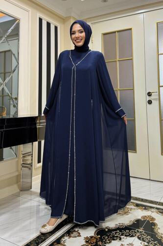 Taş İşleme Detaylı Elbise Abaya Takım 3873 Lacivert - Bym Fashion