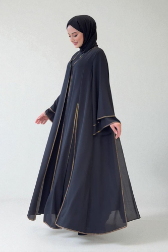 Taş İşleme Detaylı Elbise Abaya Takım 3873 Siyah - 3