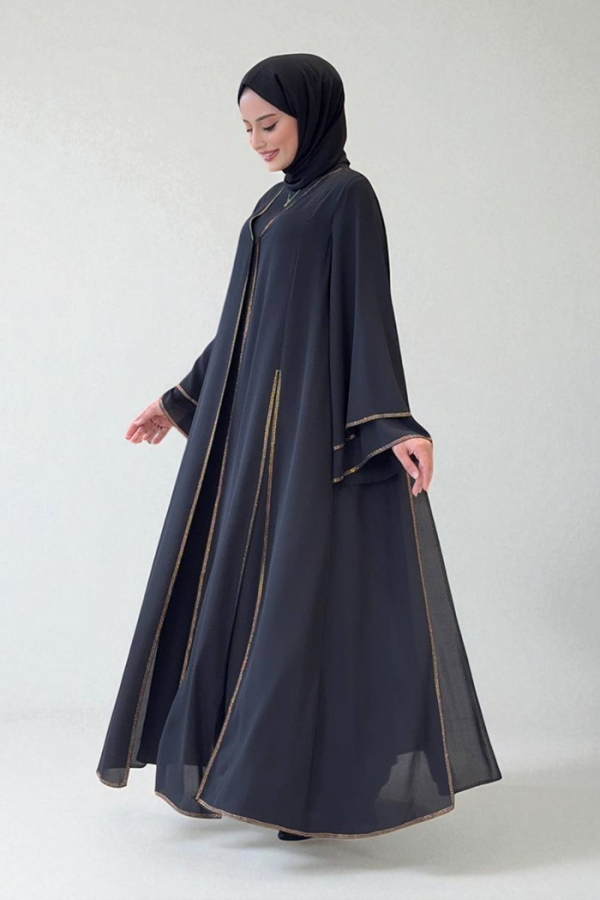 Taş İşleme Detaylı Elbise Abaya Takım 3873 Siyah - 3