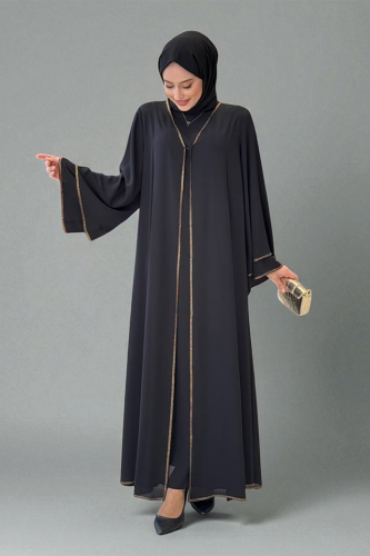 Taş İşleme Detaylı Elbise Abaya Takım 3873 Siyah 