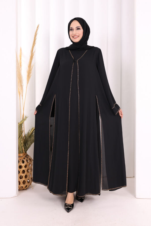 Taş İşleme Detaylı Elbise Abaya Takım 3873 Siyah - 1
