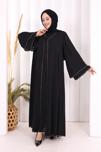 Taş İşleme Detaylı Elbise Abaya Takım 3873 Siyah - 2