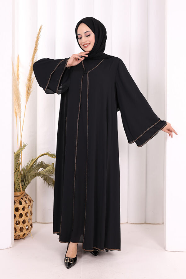 Taş İşleme Detaylı Elbise Abaya Takım 3873 Siyah - 2