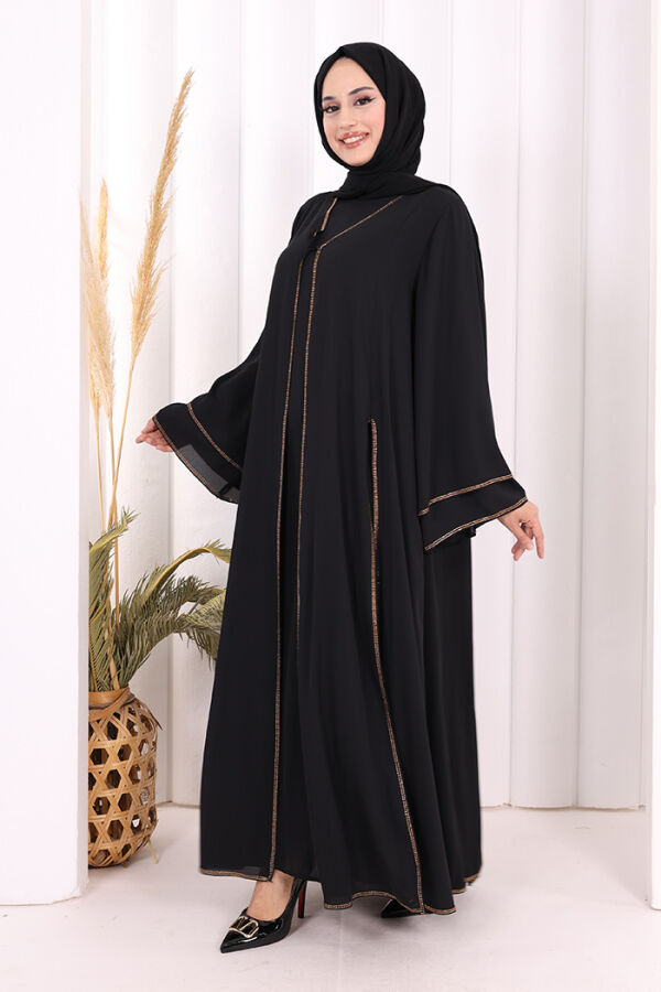 Taş İşleme Detaylı Elbise Abaya Takım 3873 Siyah - 3