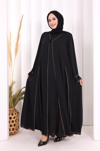 Taş İşleme Detaylı Elbise Abaya Takım 3873 Siyah - 4