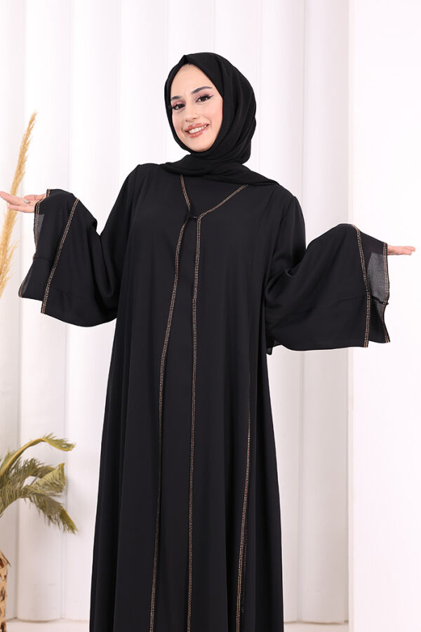 Taş İşleme Detaylı Elbise Abaya Takım 3873 Siyah - 6