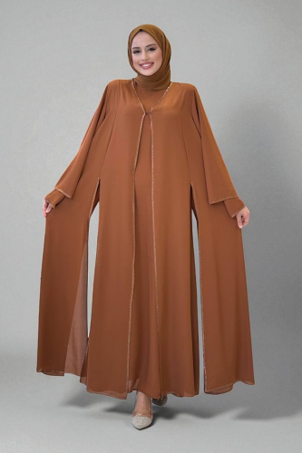 Taş İşleme Detaylı Elbise Abaya Takım 3873 Taba 
