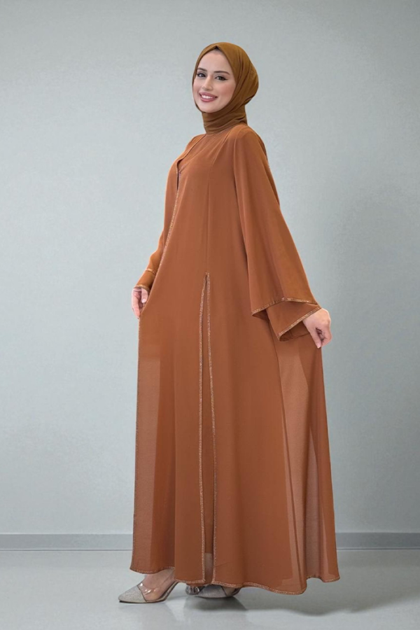 Taş İşleme Detaylı Elbise Abaya Takım 3873 Taba - 3