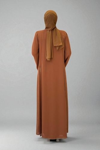 Taş İşleme Detaylı Elbise Abaya Takım 3873 Taba - 2