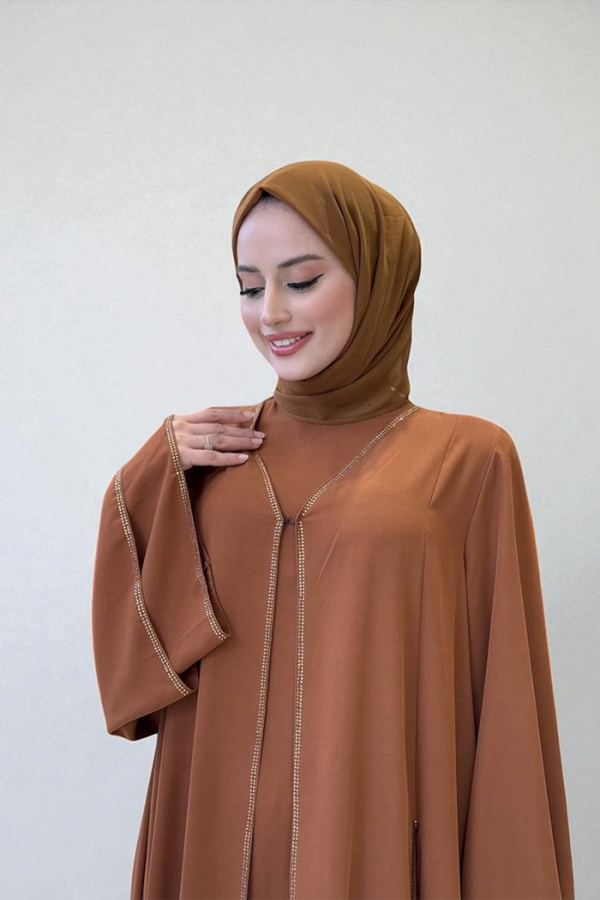 Taş İşleme Detaylı Elbise Abaya Takım 3873 Taba - 4