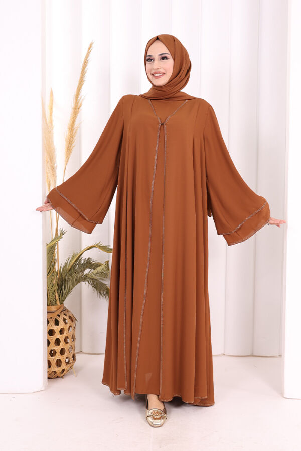 Taş İşleme Detaylı Elbise Abaya Takım 3873 Taba - 4